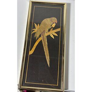 Framed Parrot Artwork Straw Wheat Bamboo Tropical Handmade